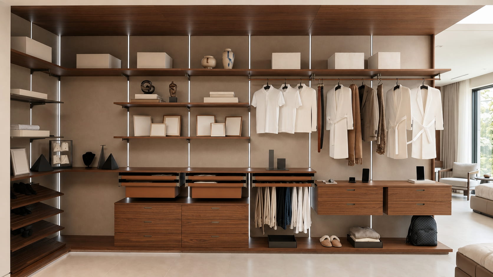 Open aluminium walk-in wardrobe with wood shelves, hanging rails, drawers and integrated lighting