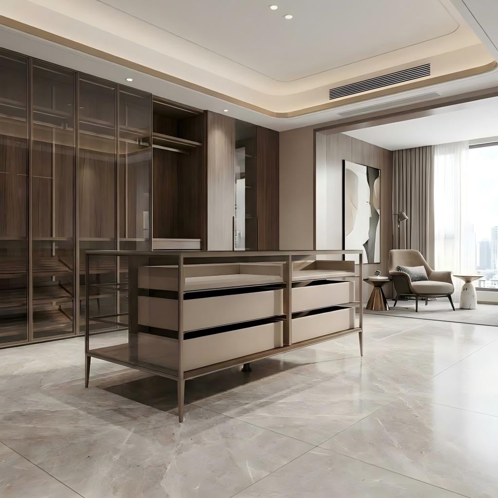 Custom glass walk-in closet with freestanding wardrobe island in natural daylight