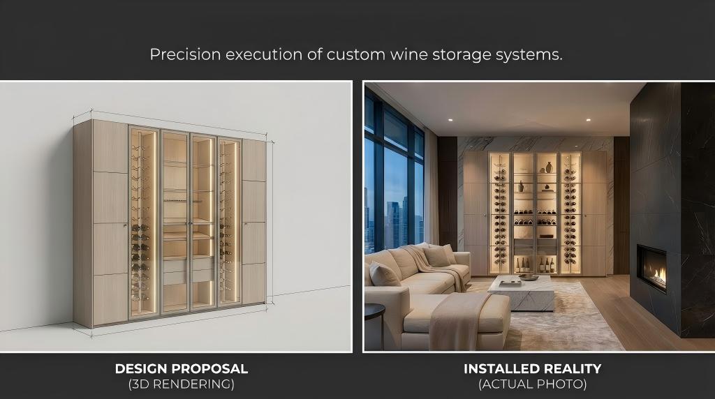 Custom aluminum and oak wine cabinet developed from technical drawing to finished interior concept