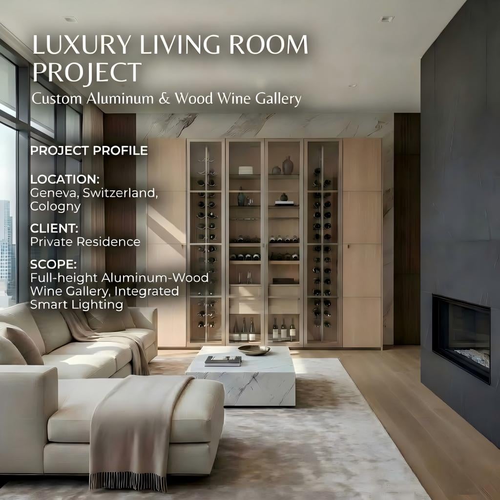 Custom Floor-to-Ceiling Aluminum and Oak Wine Cabinet