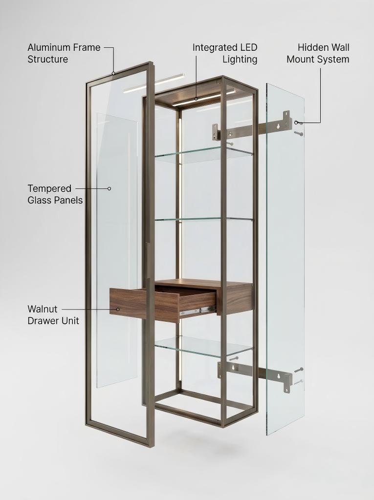 Exploded view of a custom wall-mounted aluminum glass display cabinet and storage modules