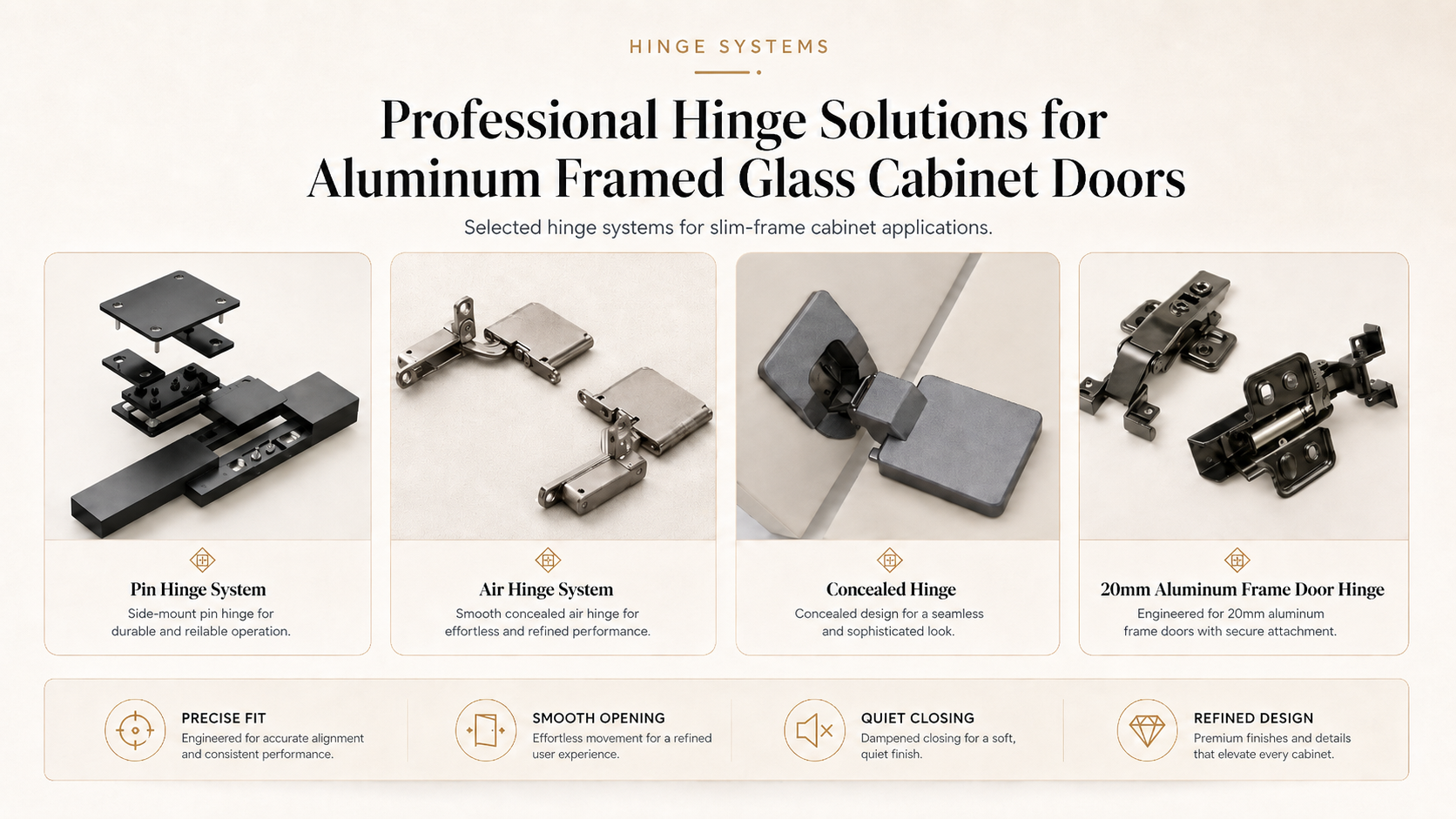 Premium hinge hardware system for aluminum framed glass cabinet doors