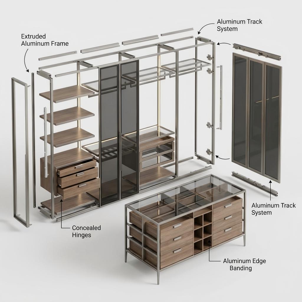 Exploded construction view of an aluminum framed glass bedroom wardrobe and dressing island
