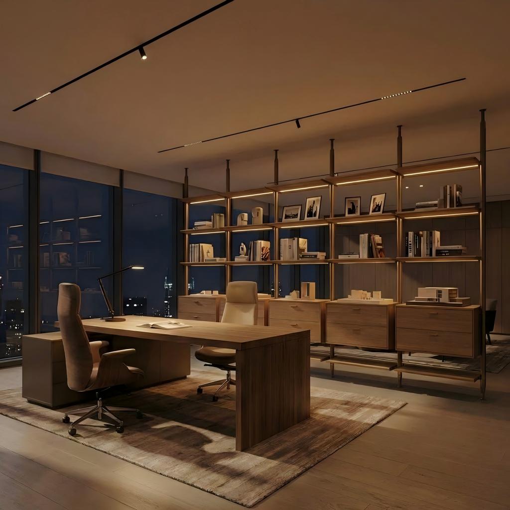 Floor-to-ceiling modular shelving with integrated warm LED lighting at night