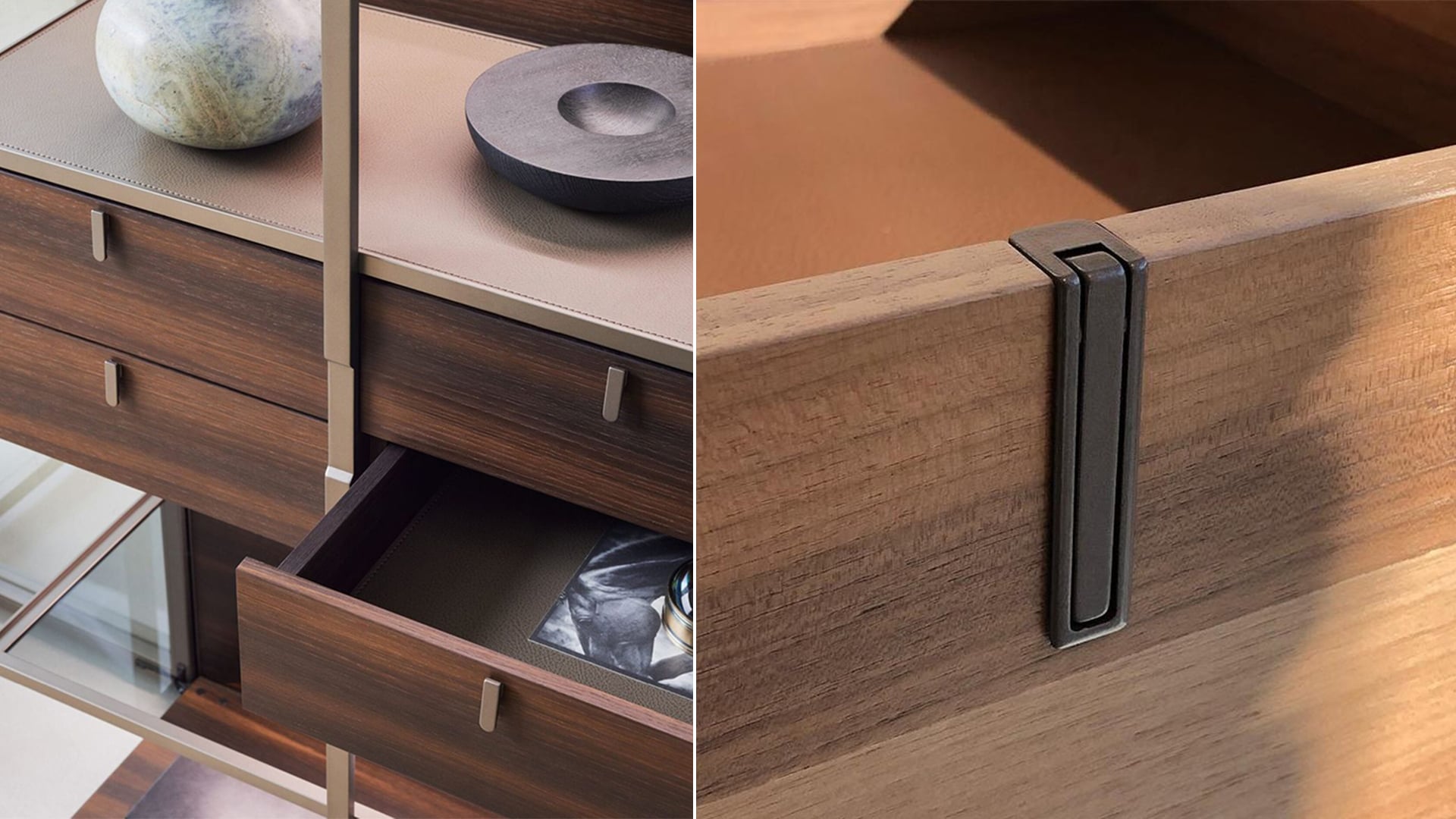 Wood drawer front leather top and recessed metal handle details