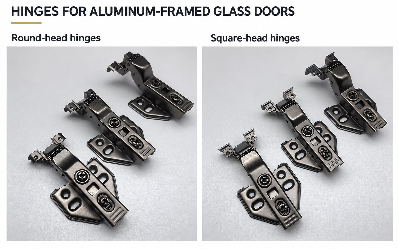 Round-head and square-head hinge reference styles for aluminum glass doors