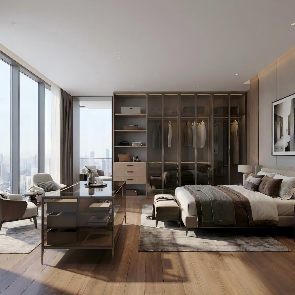 Master bedroom with floor-to-ceiling tinted glass wardrobe wall and freestanding dressing island in daylight