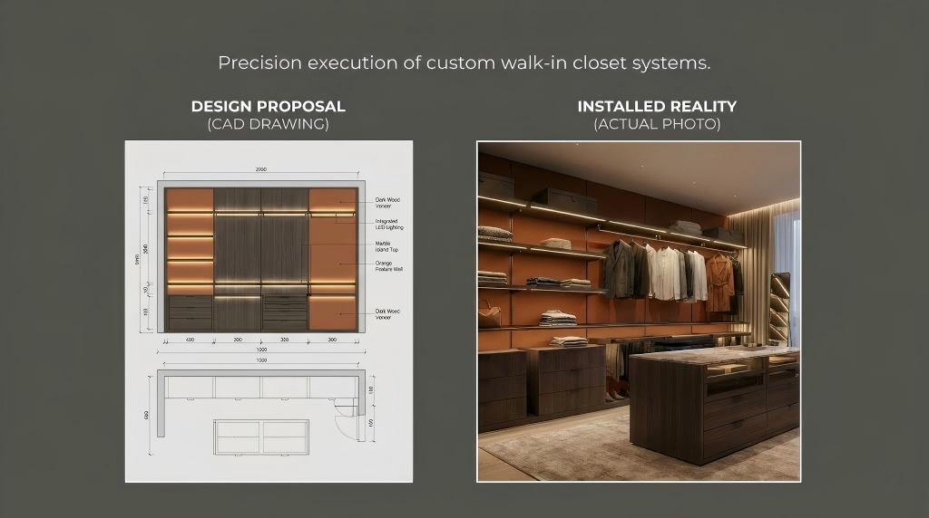 Custom modular walk-in closet developed from design drawing to finished dressing-room concept