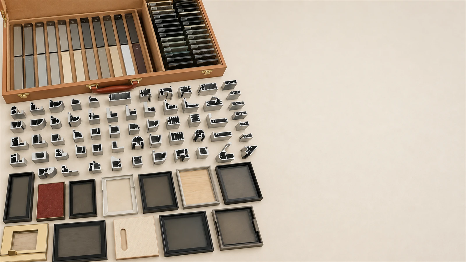 EISIM physical aluminum finish glass profile and framed panel samples for project approval