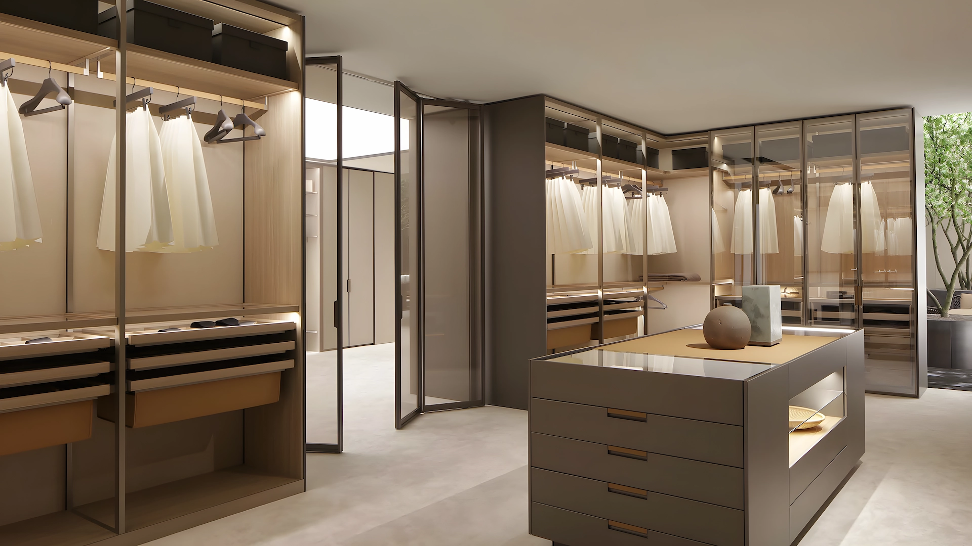 Slim aluminum-framed glass doors installed on a custom walk-in wardrobe