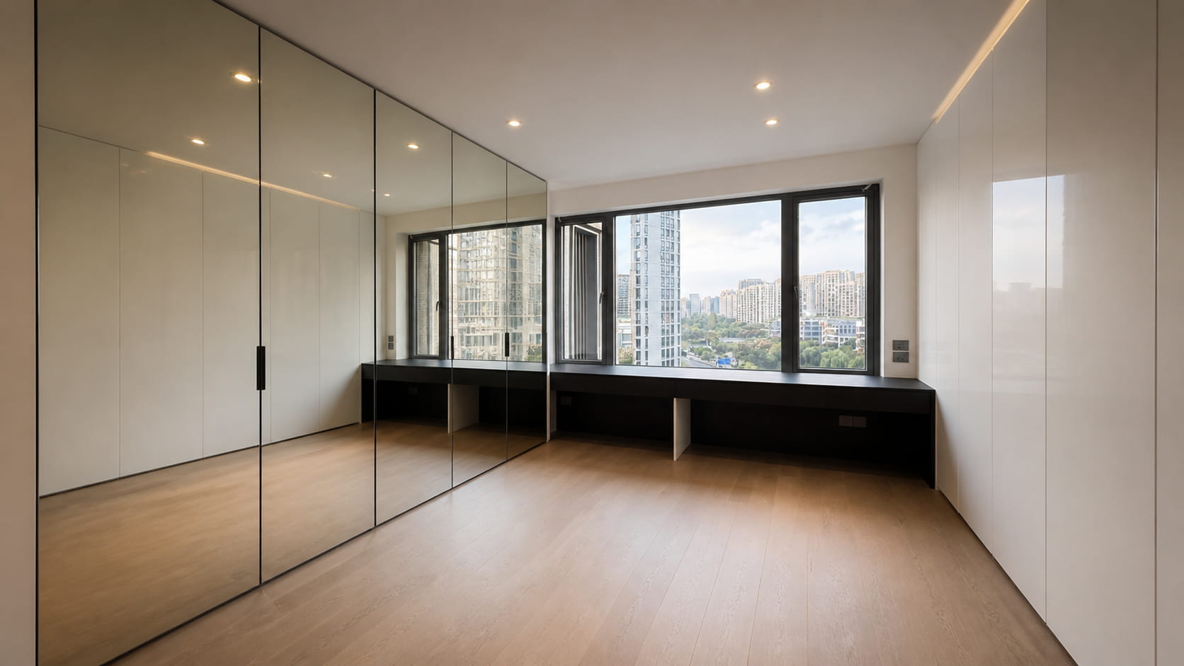 Floor-to-ceiling mirror-front aluminium wardrobe in a modern minimalist dressing room