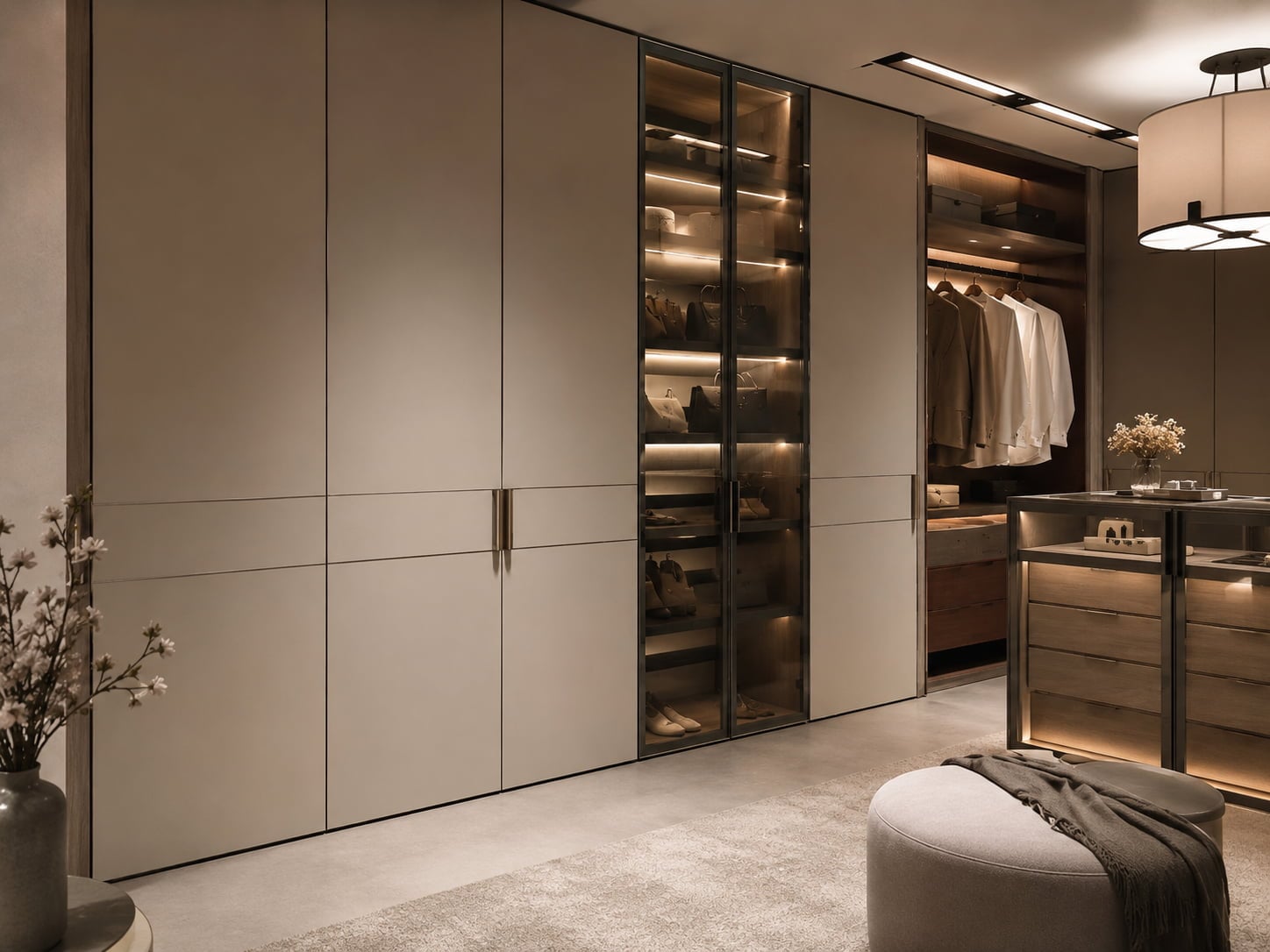 Luxury walk in closet with bespoke leather wardrobe doors