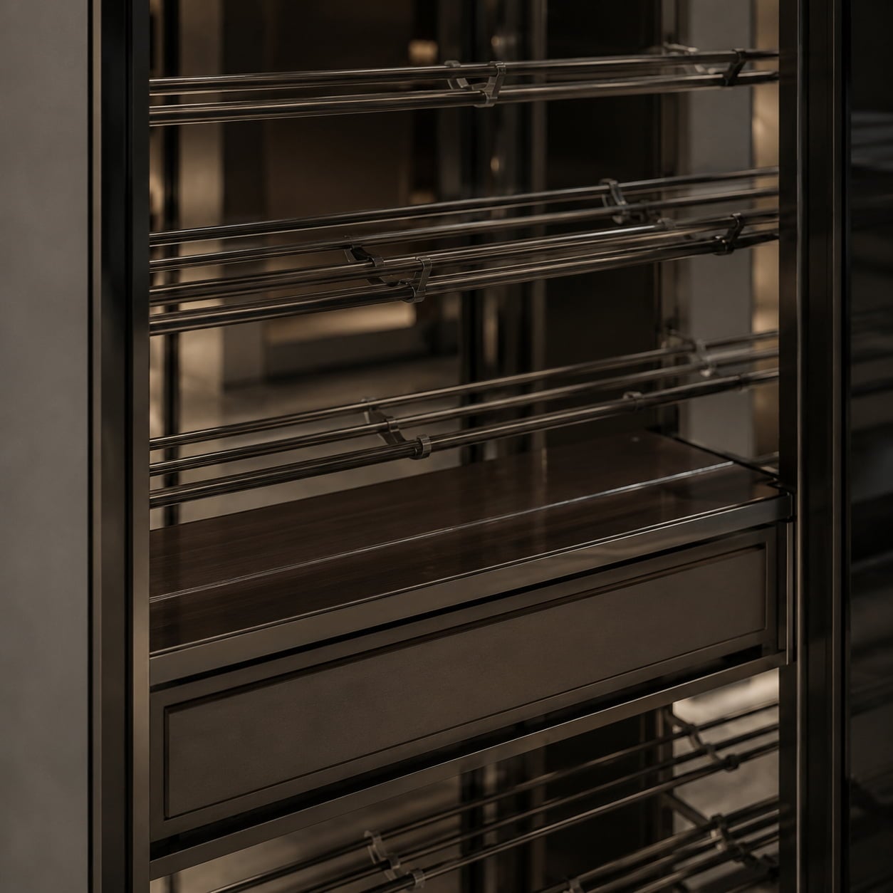 Metal bottle rails dark serving shelf and concealed drawer detail