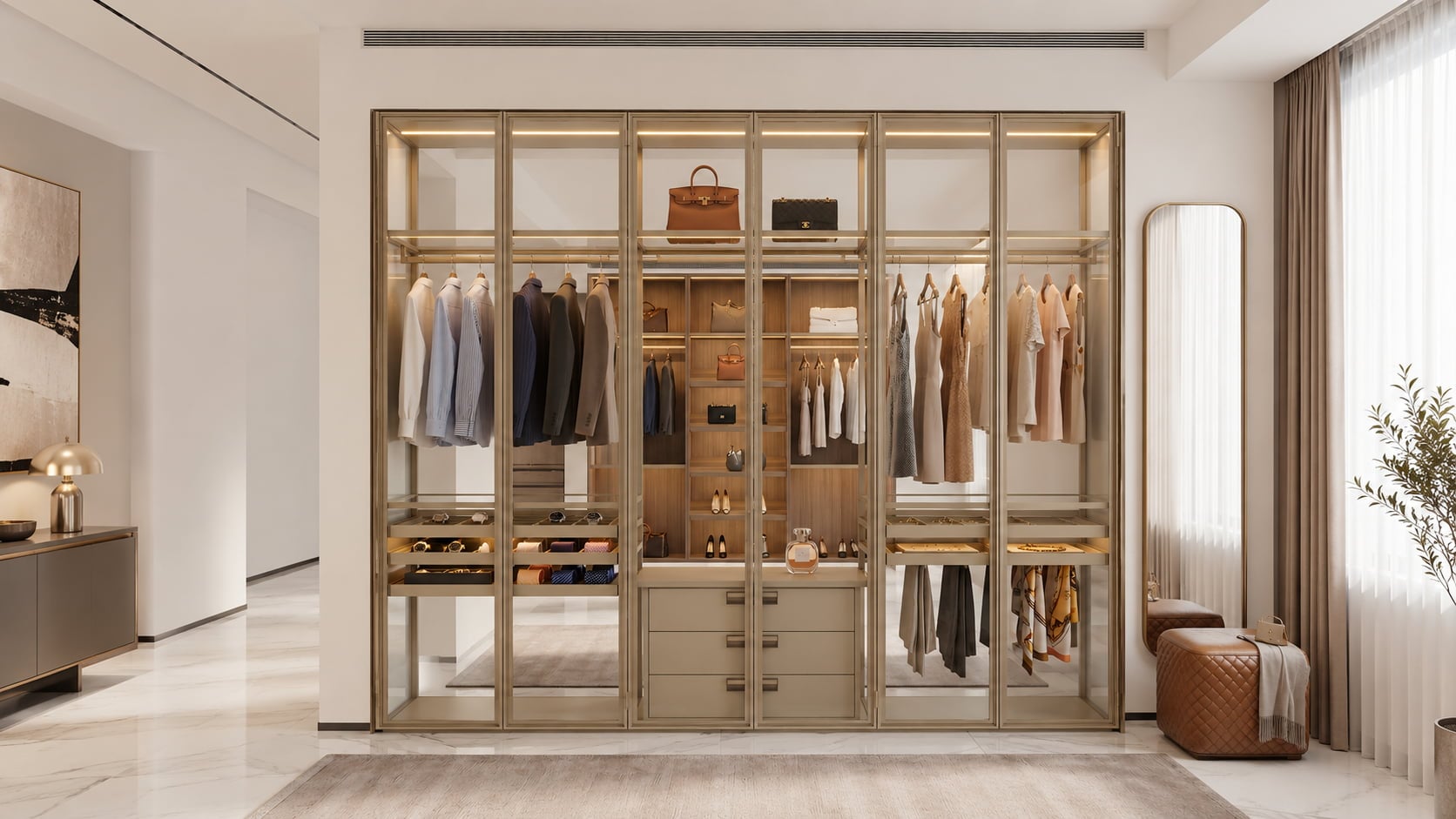 modern modular glass closet system   aluminum frame wardrobe with smart led lighting  transparent shelving-1