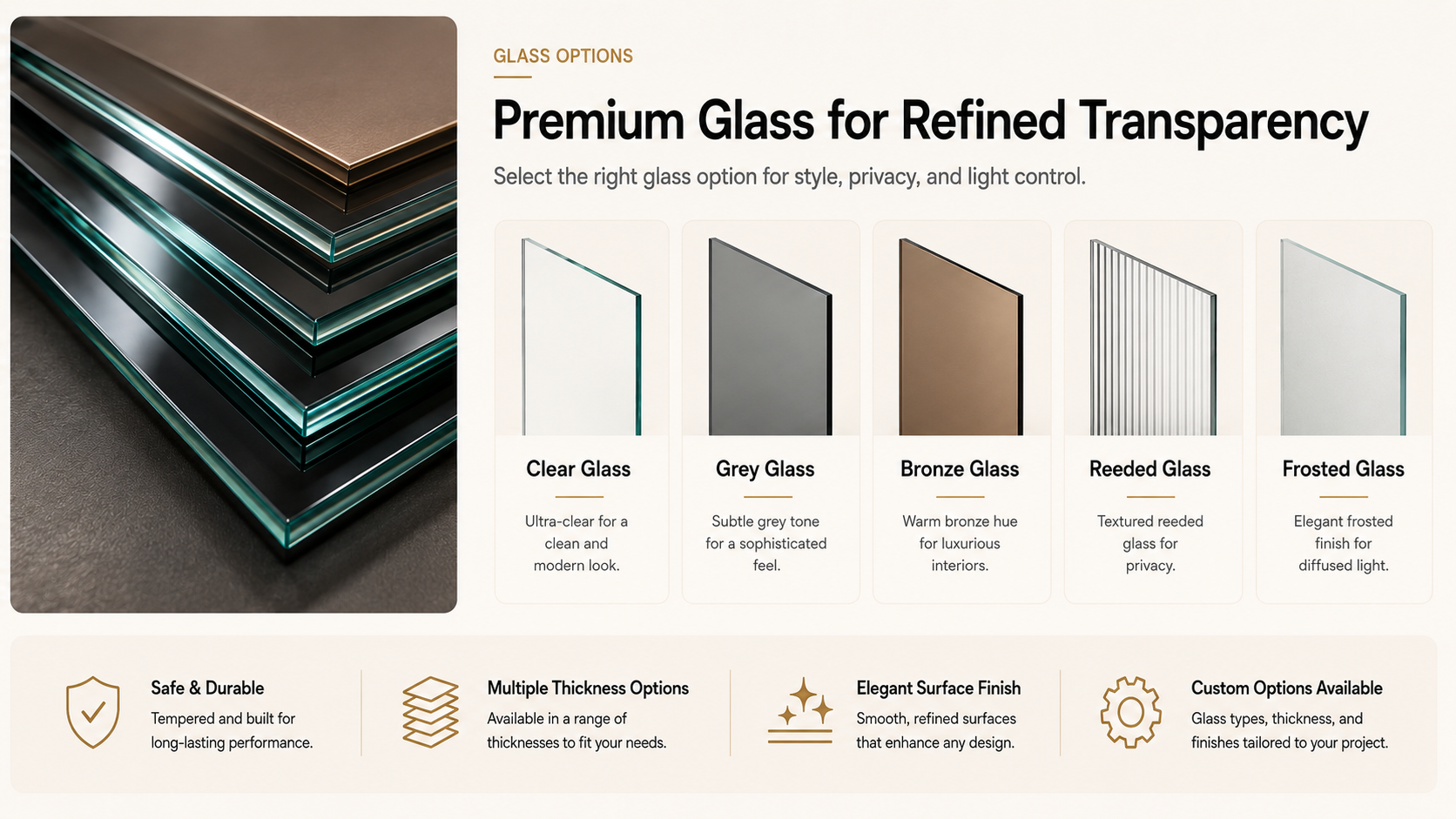 Premium glass options for aluminum framed glass cabinet doors