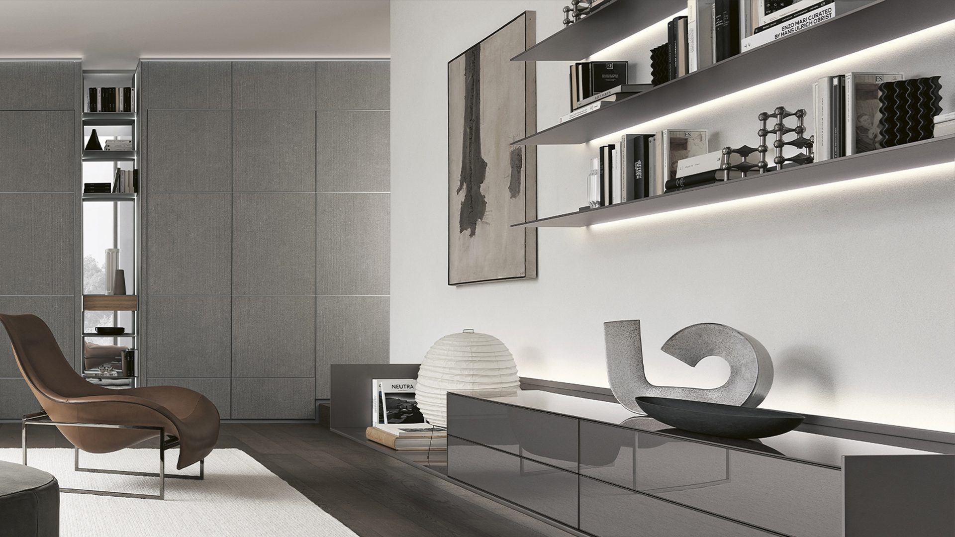 Modern aluminum wall mounted floating shelves with integrated LED lighting in a luxury living room