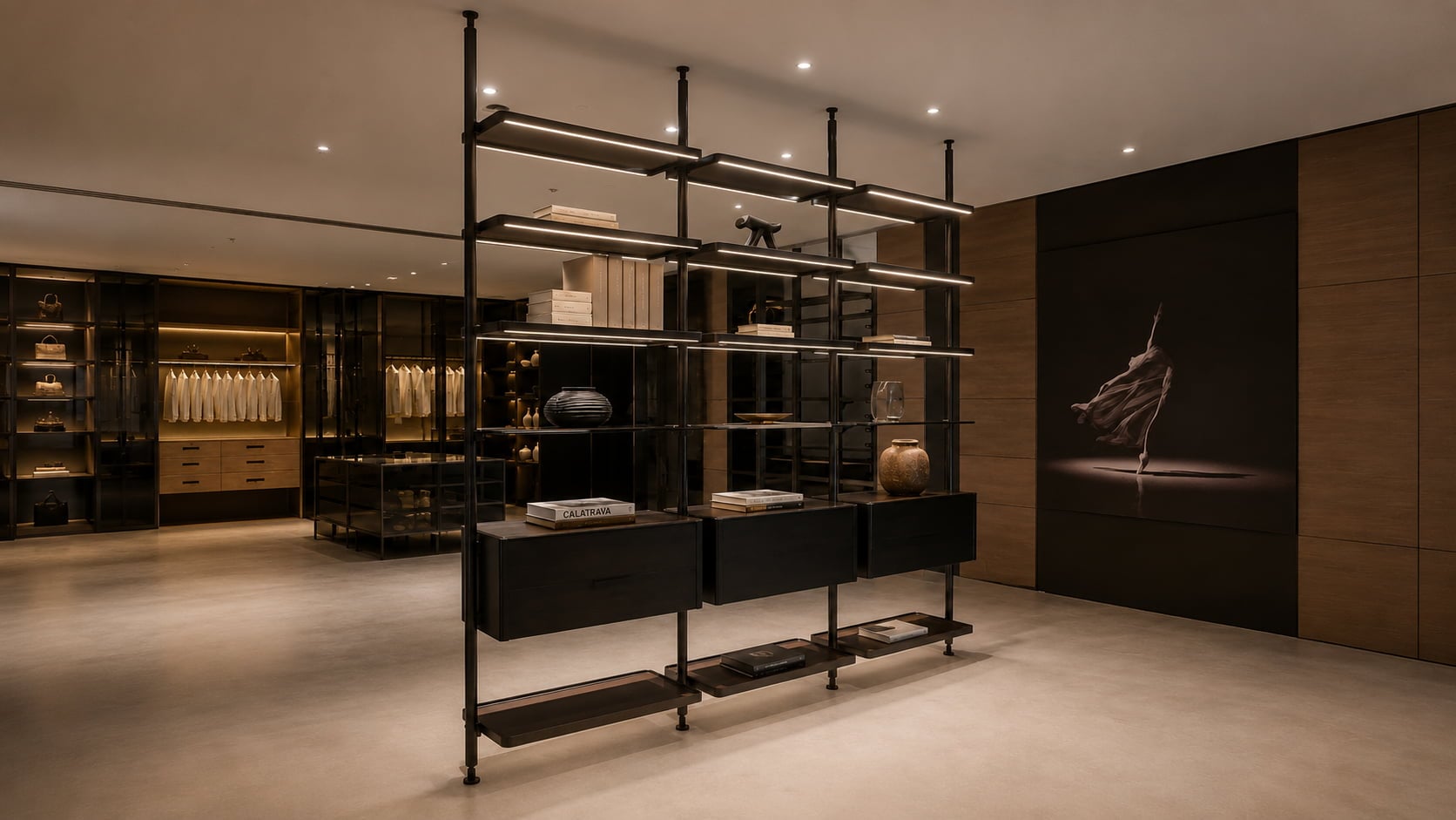 Black aluminum and glass modular bookshelf with illuminated shelves and drawers