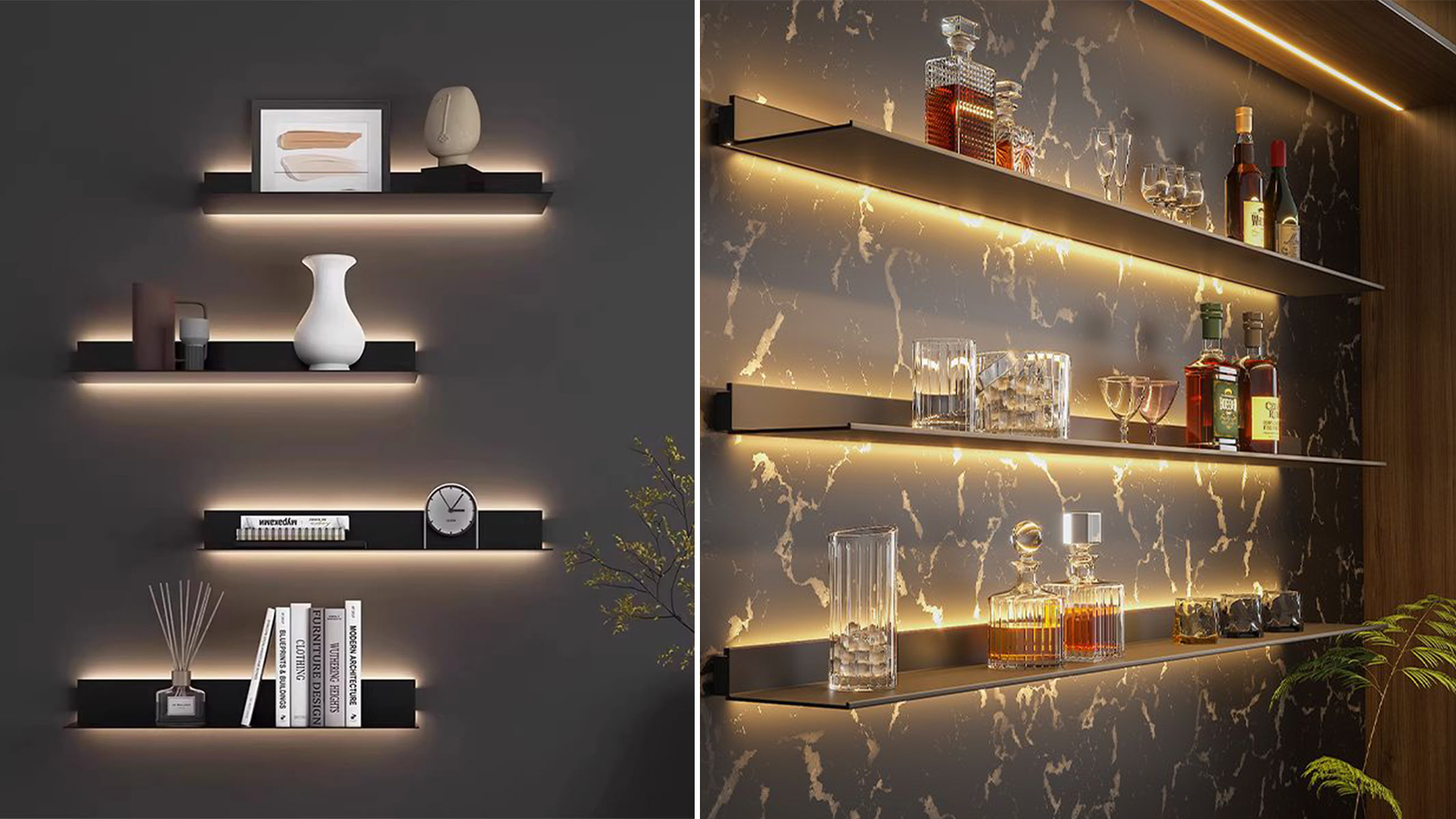 Floating aluminum shelf depth options and installation structure