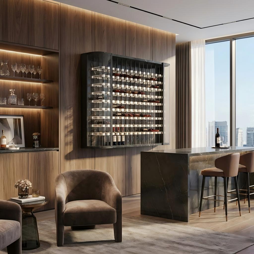 Wall-mounted acrylic wine bottle display with metal grid and dark back panel in natural daylight