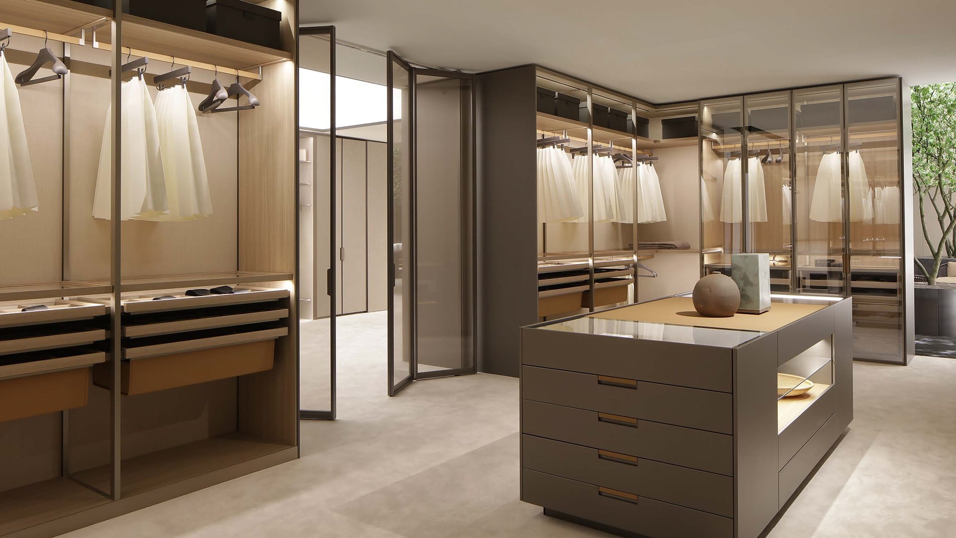 Wardrobe zoning diagram with hanging rails shelves drawers shoe storage lighting and glass doors