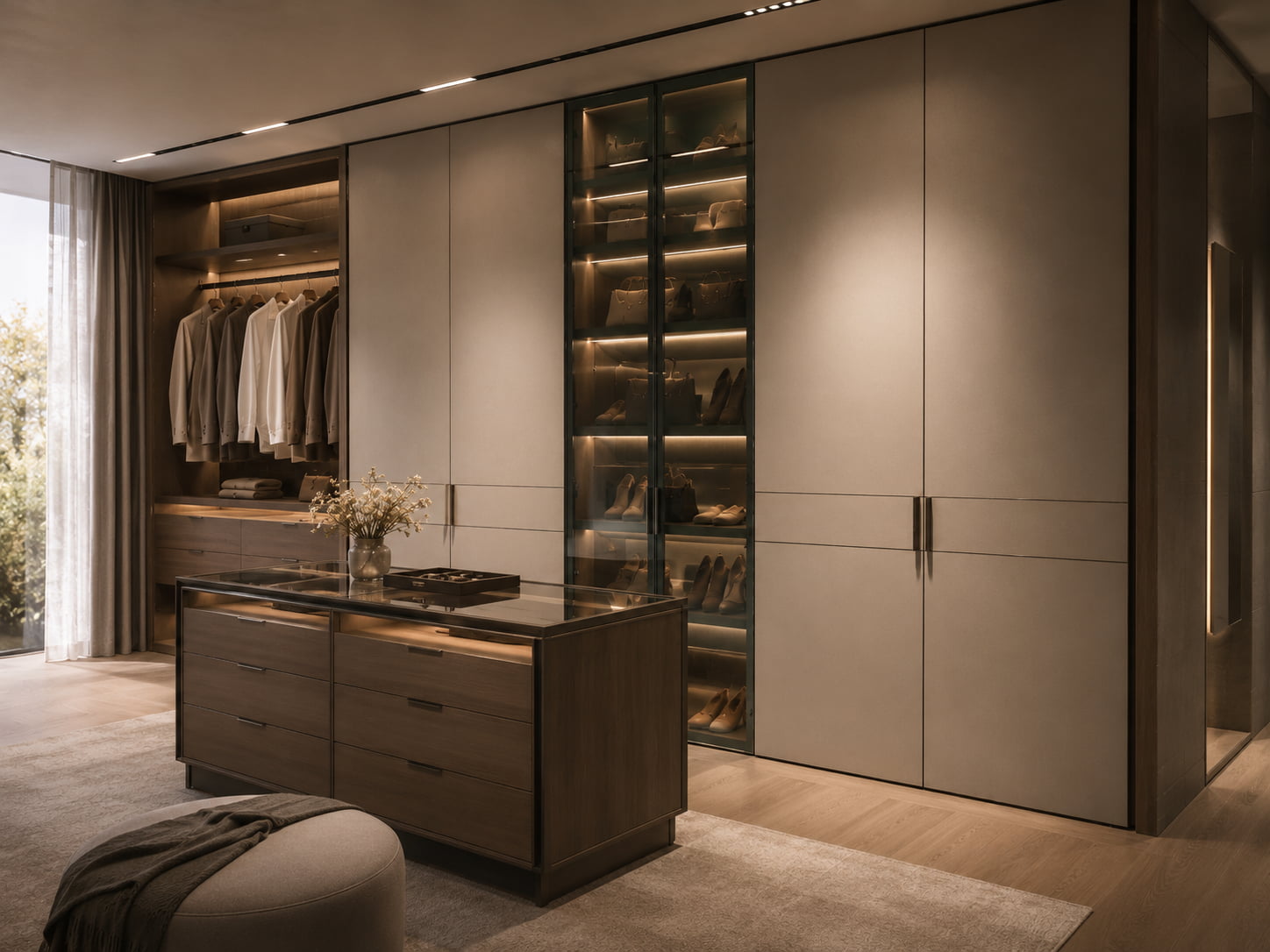 Real project reference with leather wardrobe doors and glass closet modules