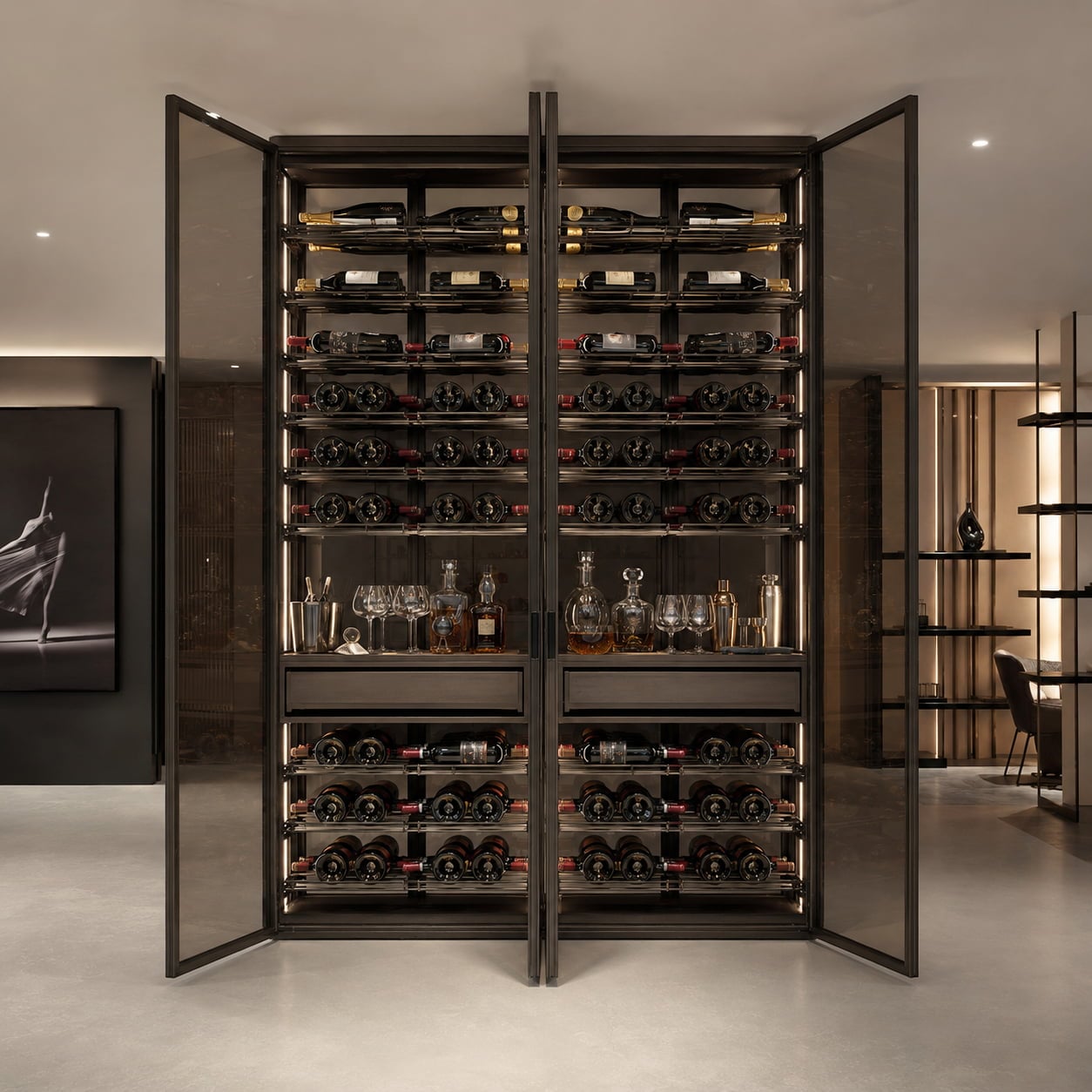Modern Minimalist Luxury Modular Custom Metal Aluminum Wall Mounted Glass Door Wine Storage Rack