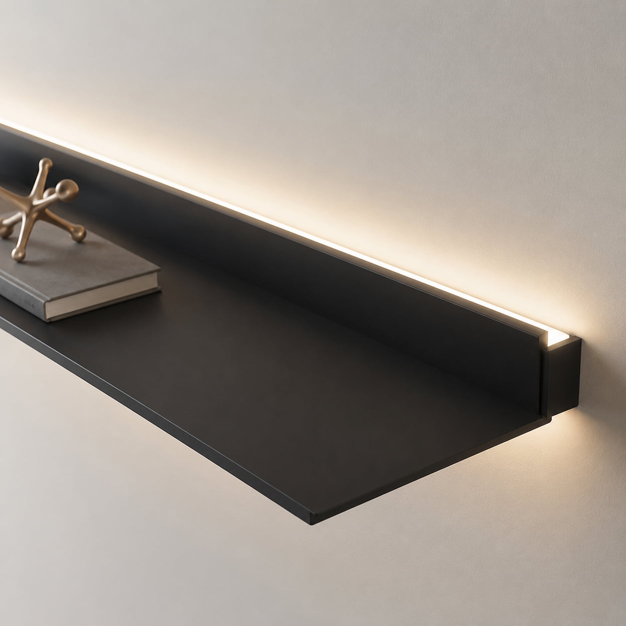 Black aluminum floating shelf profile with integrated LED light and raised edge