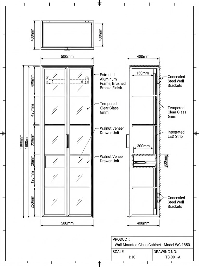 CAD dimension drawing for a custom wall-mounted aluminum and glass display cabinet