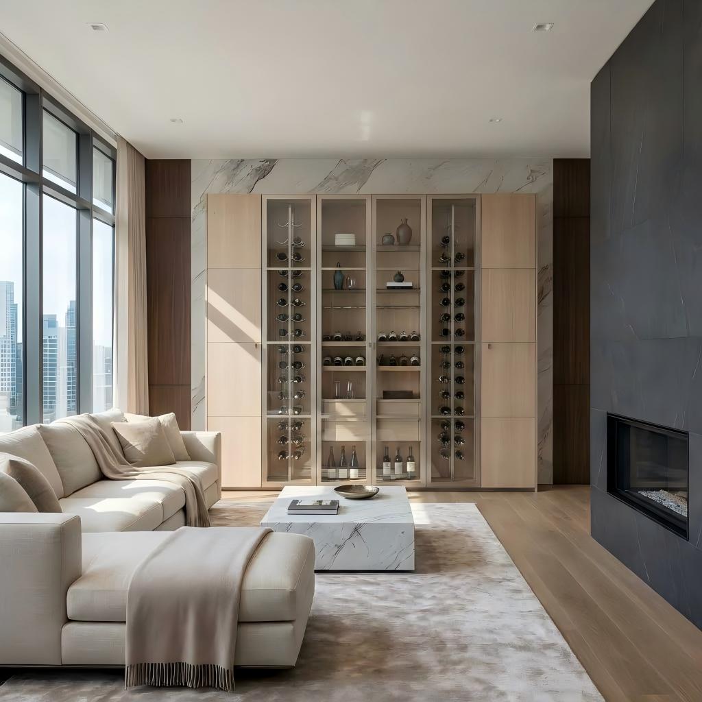 Custom floor-to-ceiling aluminum and oak wine cabinet shown in natural daylight