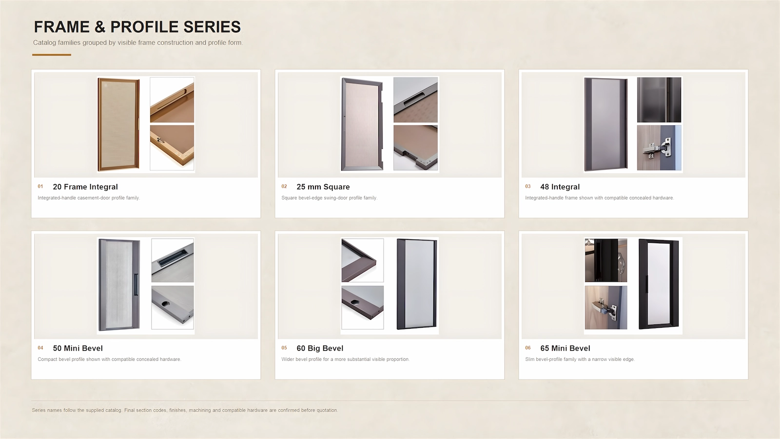 EISIM aluminum framed door profile series including integral square and bevel frame families