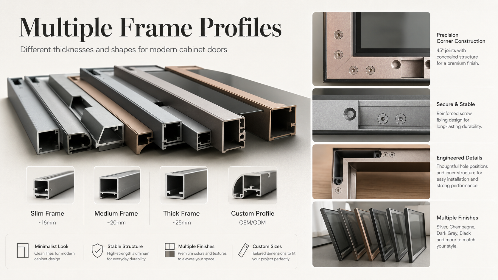 Multiple aluminum frame profiles for cabinet doors
