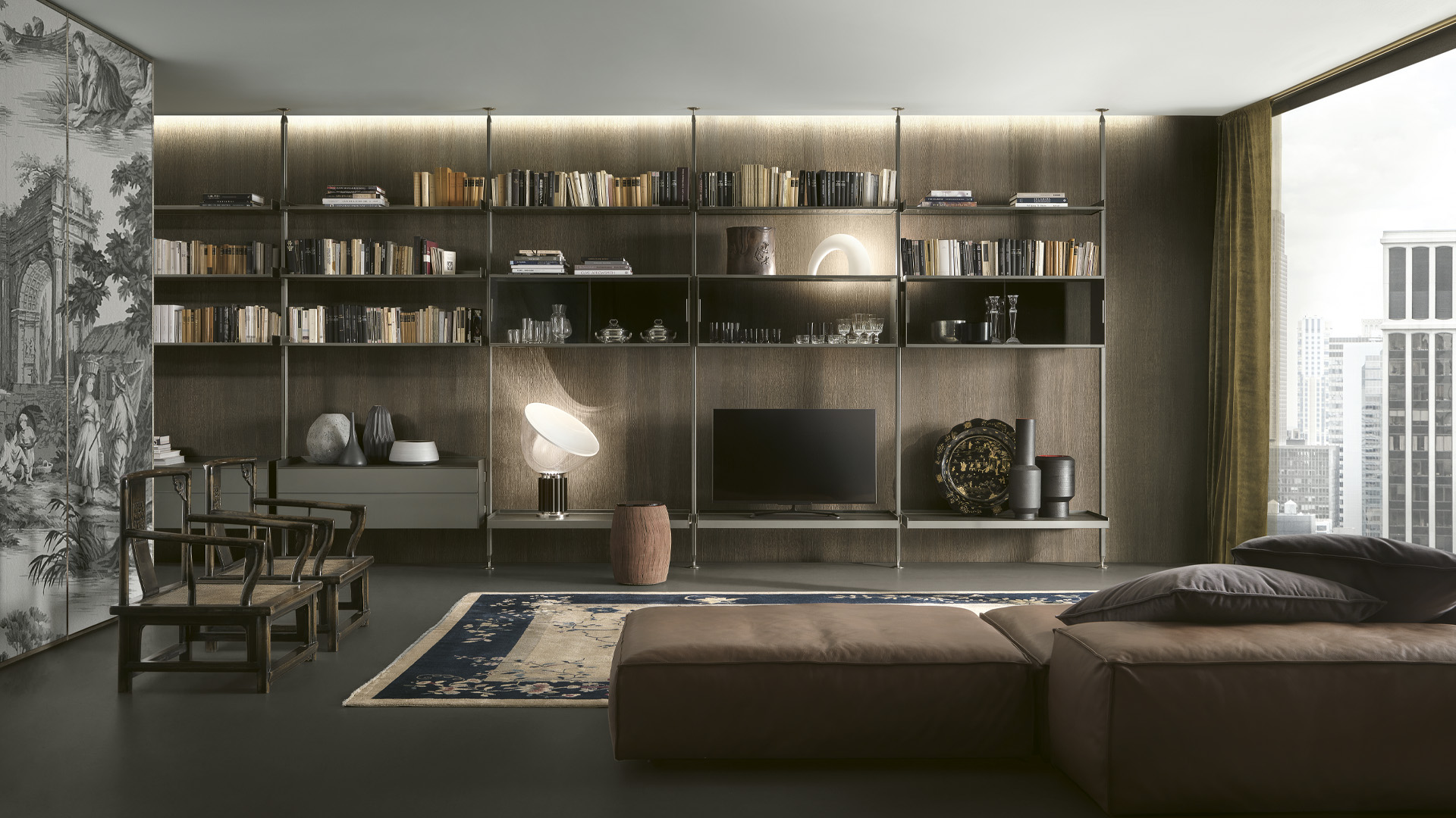 Custom modular bookshelf and media wall in a luxury living room