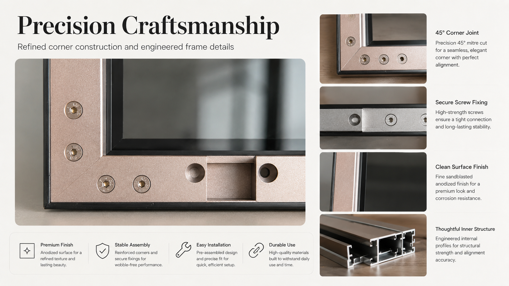 Precision craftsmanship and corner details of aluminum frame cabinet doors