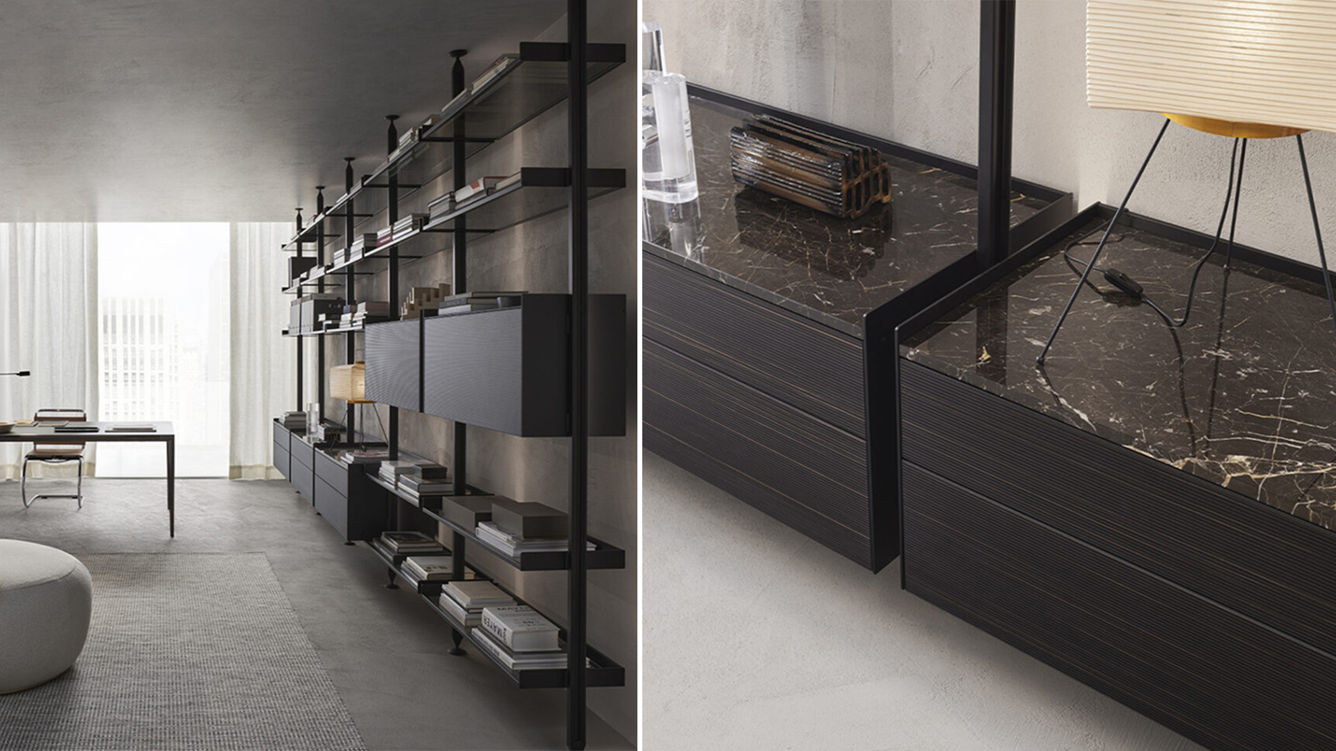 Dark modular bookshelf drawers marble surface shelves and aluminum post details