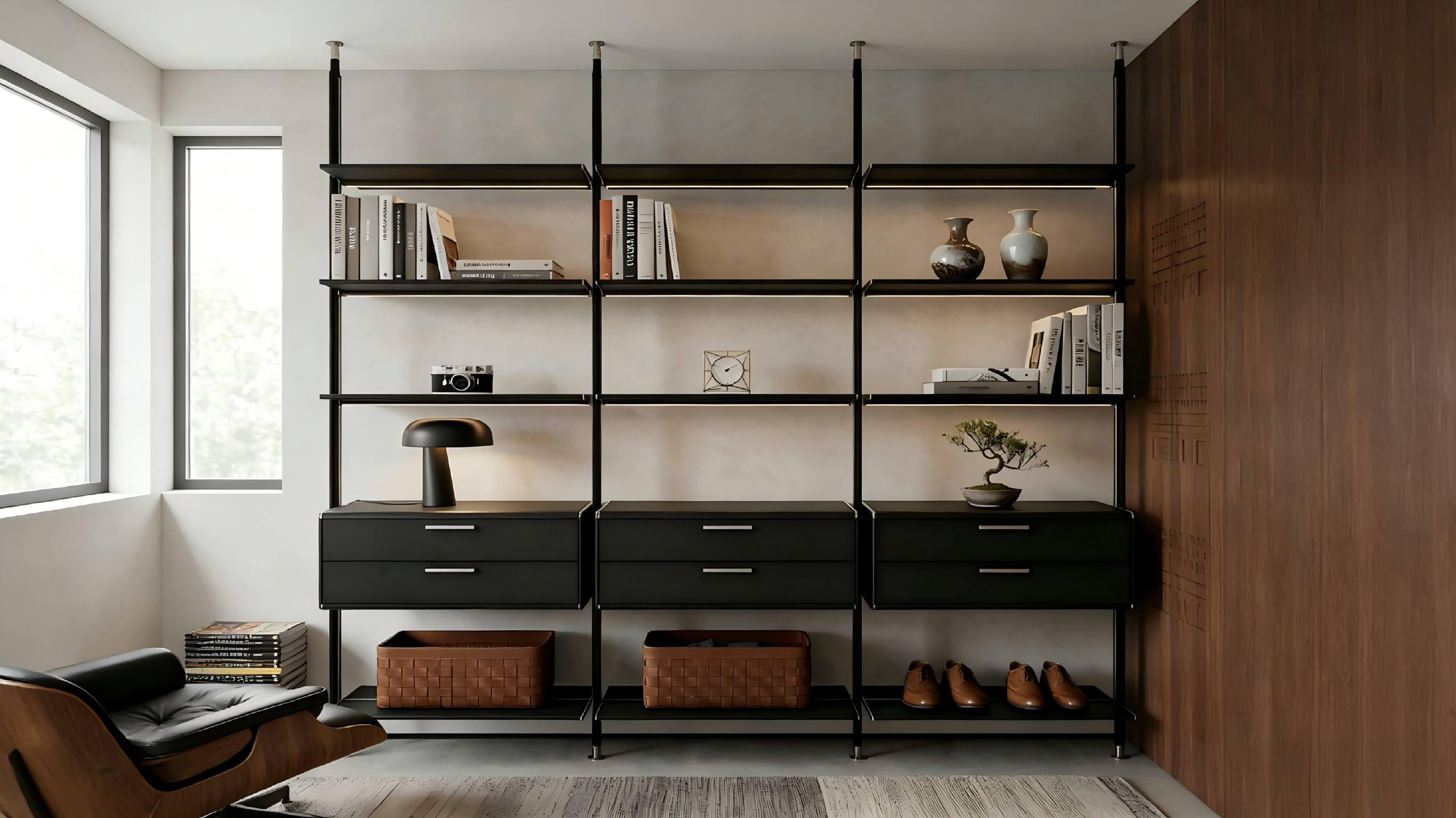 Black modular bookshelf with drawers and warm integrated lighting