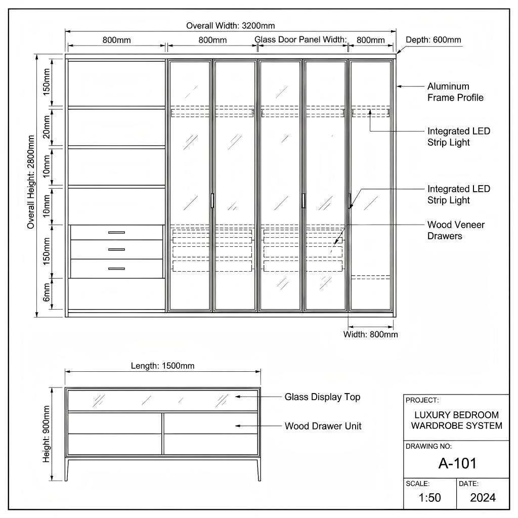 A-101 reference drawing for a custom master bedroom glass wardrobe wall and dressing island