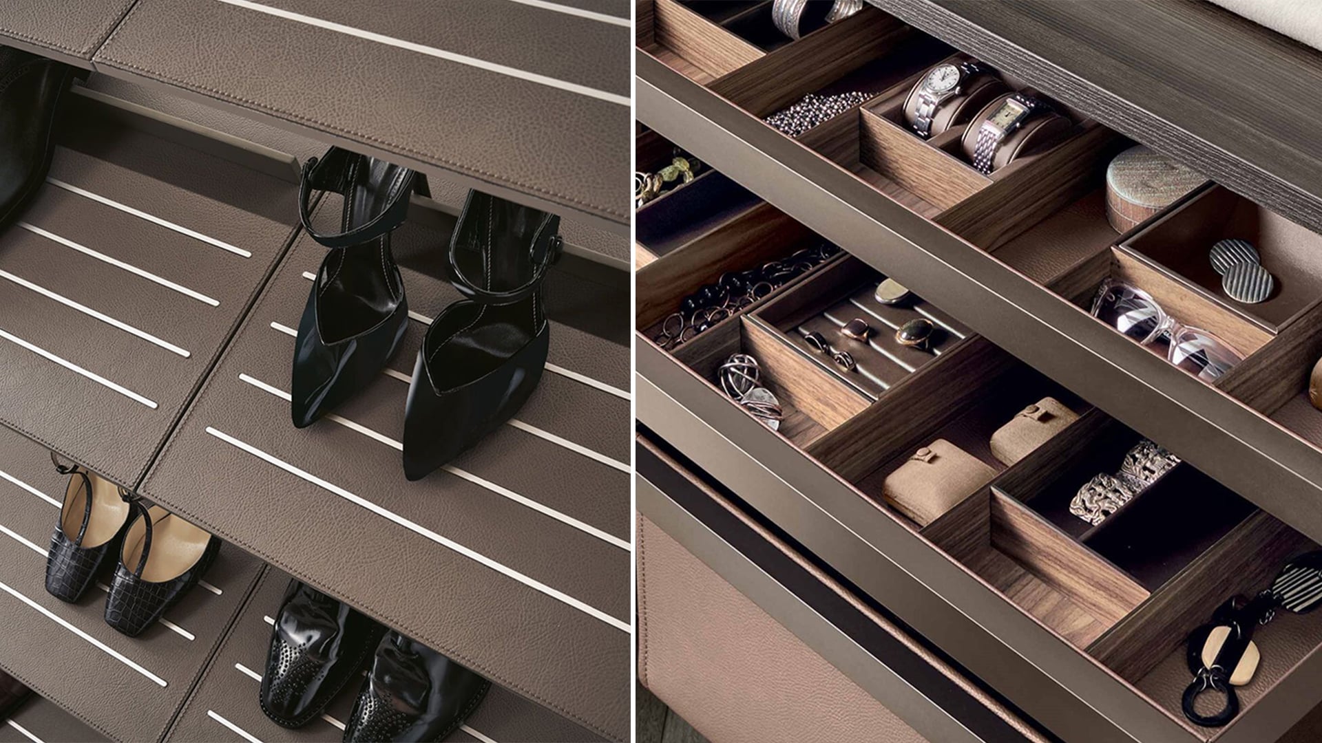 Leather-covered shoe shelves and divided jewelry drawer organizers in a custom wardrobe