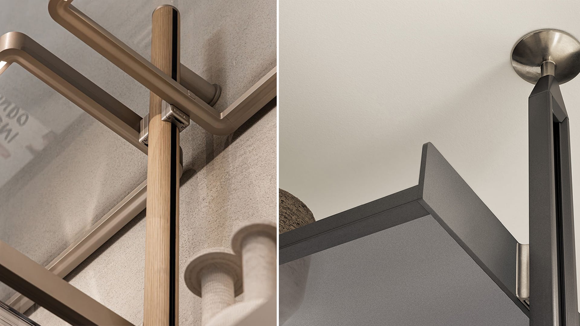 Glass shelf frame upright connection and ceiling fixing detail