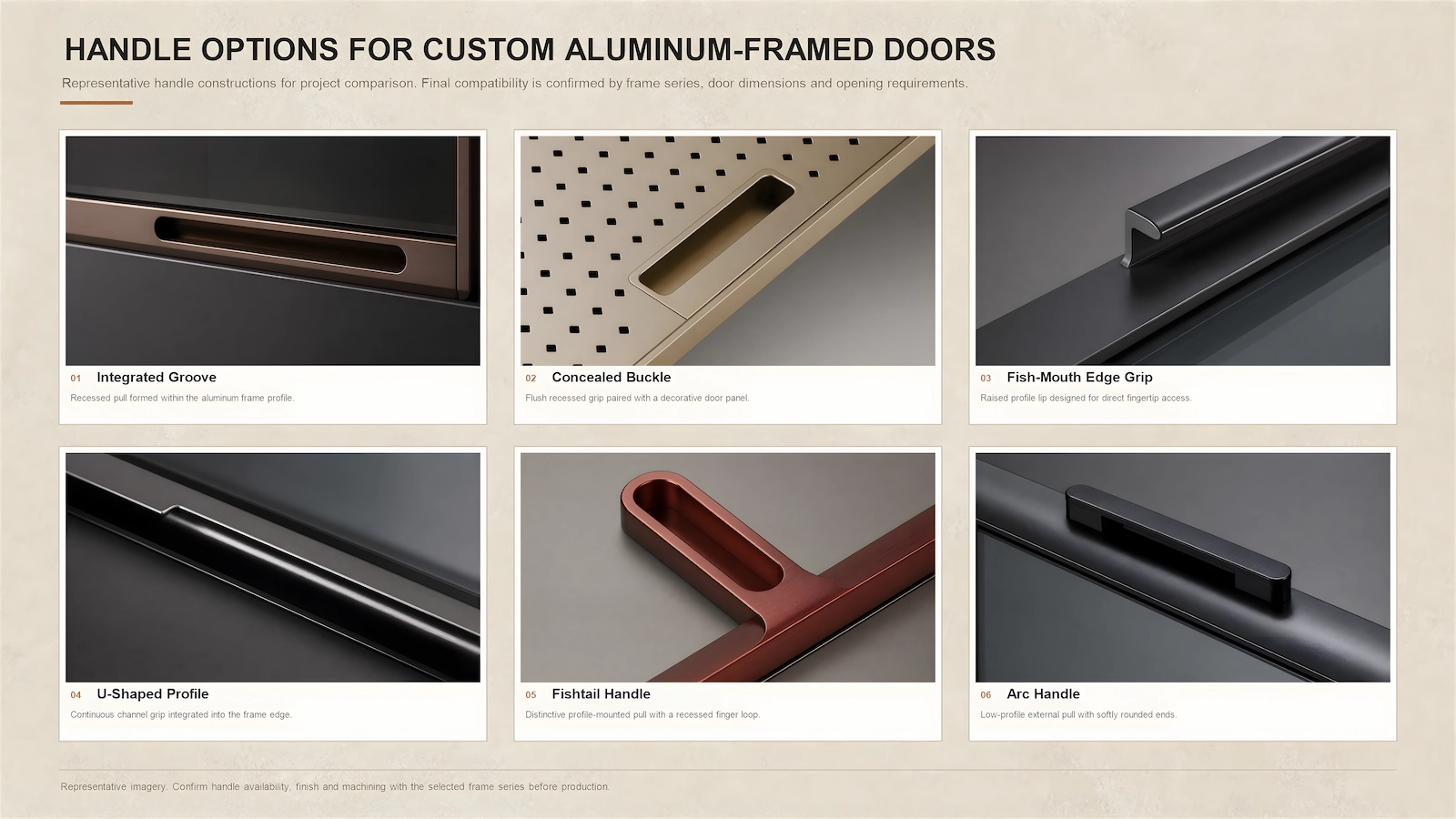 Six integrated concealed edge-grip and profile-mounted handle options for custom aluminum-framed doors