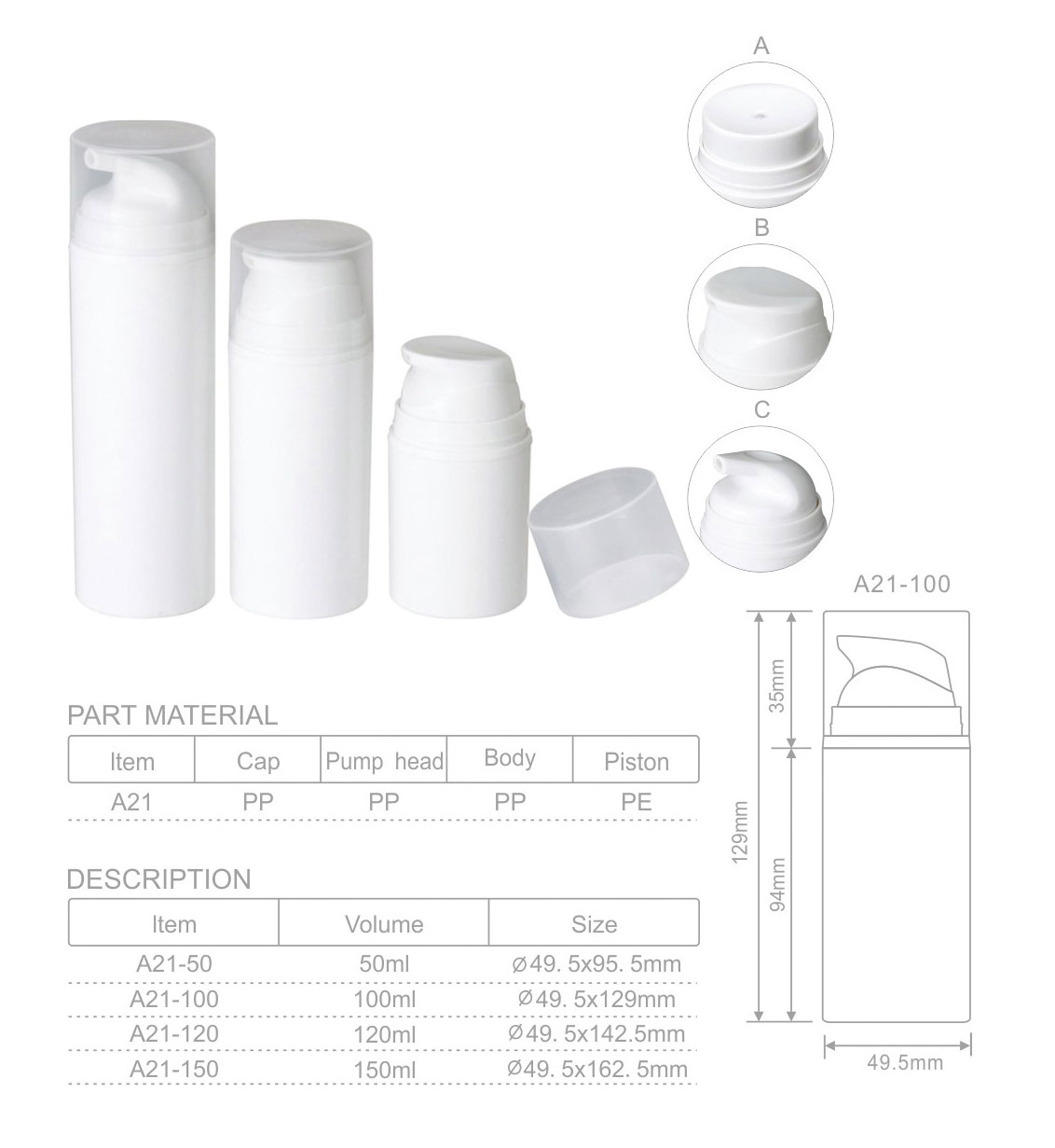 A21 PCR Recycle Empty 50ml 150ml Cosmetic Skin Toner Skin Serum Lotion Foam Dispenser 100ml Eco Friendly Airless Pump Bottle