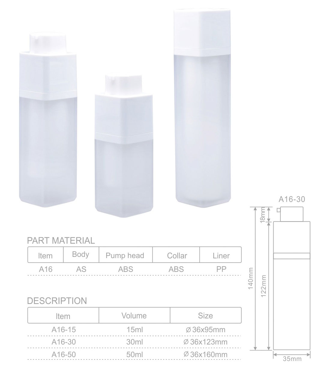 a16 15ml 30ml 50ml scrub lotion vacuum bottle square essence eye cream airless bottle spin screw pump bottle-1
