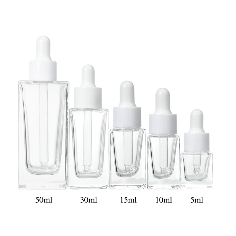 GB136 Luksusowe opakowanie kosmetyczne do pielęgnacji skóry 5 ml, 10 ml, 15 ml, 30 ml, 50 ml, kwadratowe szklane butelki z kroplówką o grubej podstawie wysokiej jakości