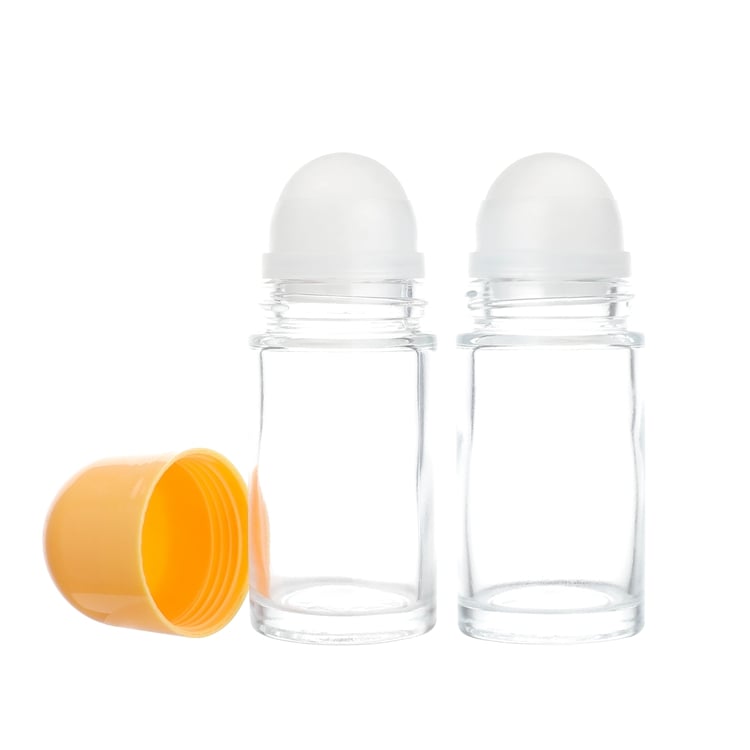 B2008 Venta al por mayor 50 ml Botella de vidrio cosmético para perfume con rodillo, botella de rodillo transparente para aceites esenciales, botella vacía con rodillo para aceite corporal