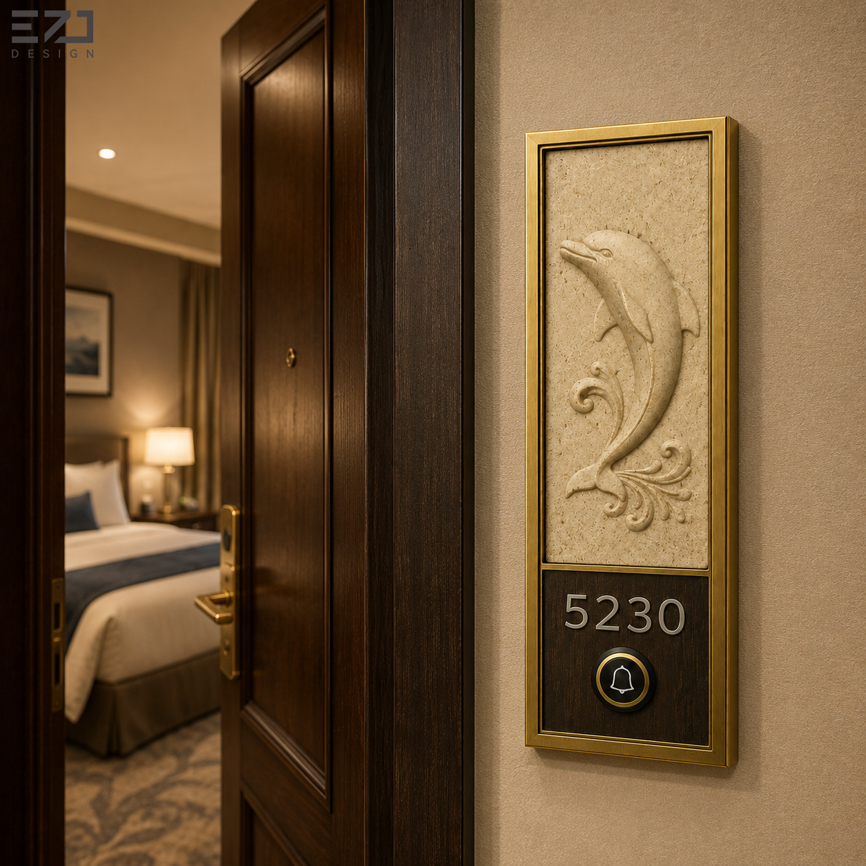 Custom Luxury Hotel Room Number Sign Brass Frame Dolphin Relief Door Plate with Doorbell Button