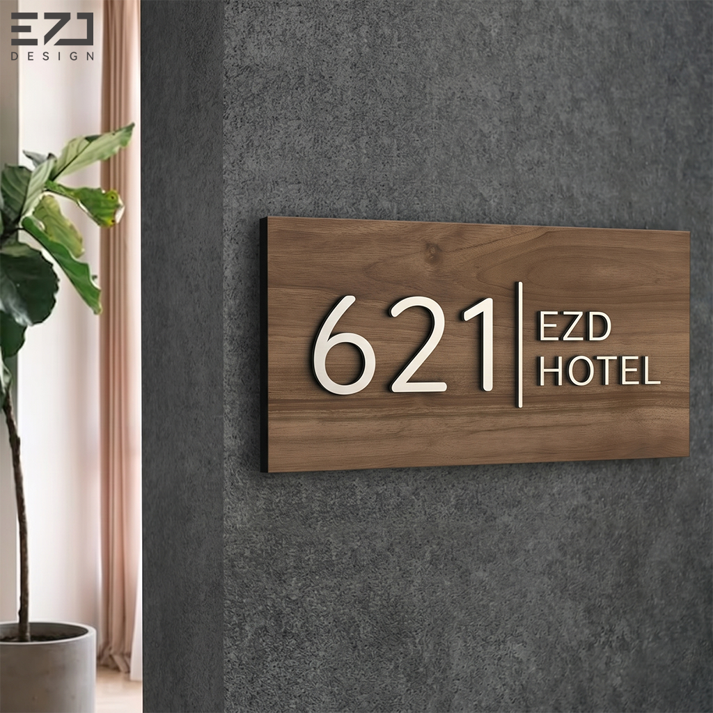 EZD Custom Waterproof Modern Wood Texture Hotel Room Number Sign 3D Acrylic Apartment Door Plate Plaque Resort Room Signs