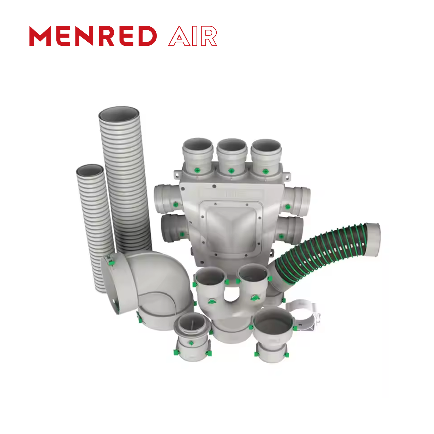 MENRED Full Series Fresh Air System PE Pipe & Matching Installation Accessories, Double-wall Corrugated Pipe, Manifold, Tee, Elbow, Connector, Suspension Clip, Sealing Ring, Return Air Box Complete Kit