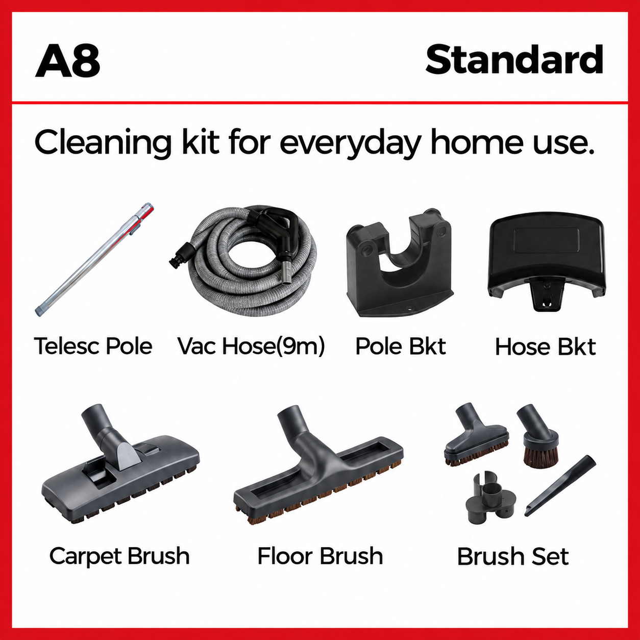 MENRED A8 Standard Central Vacuum Cleaning Kit with 9m Vacuum Hose
