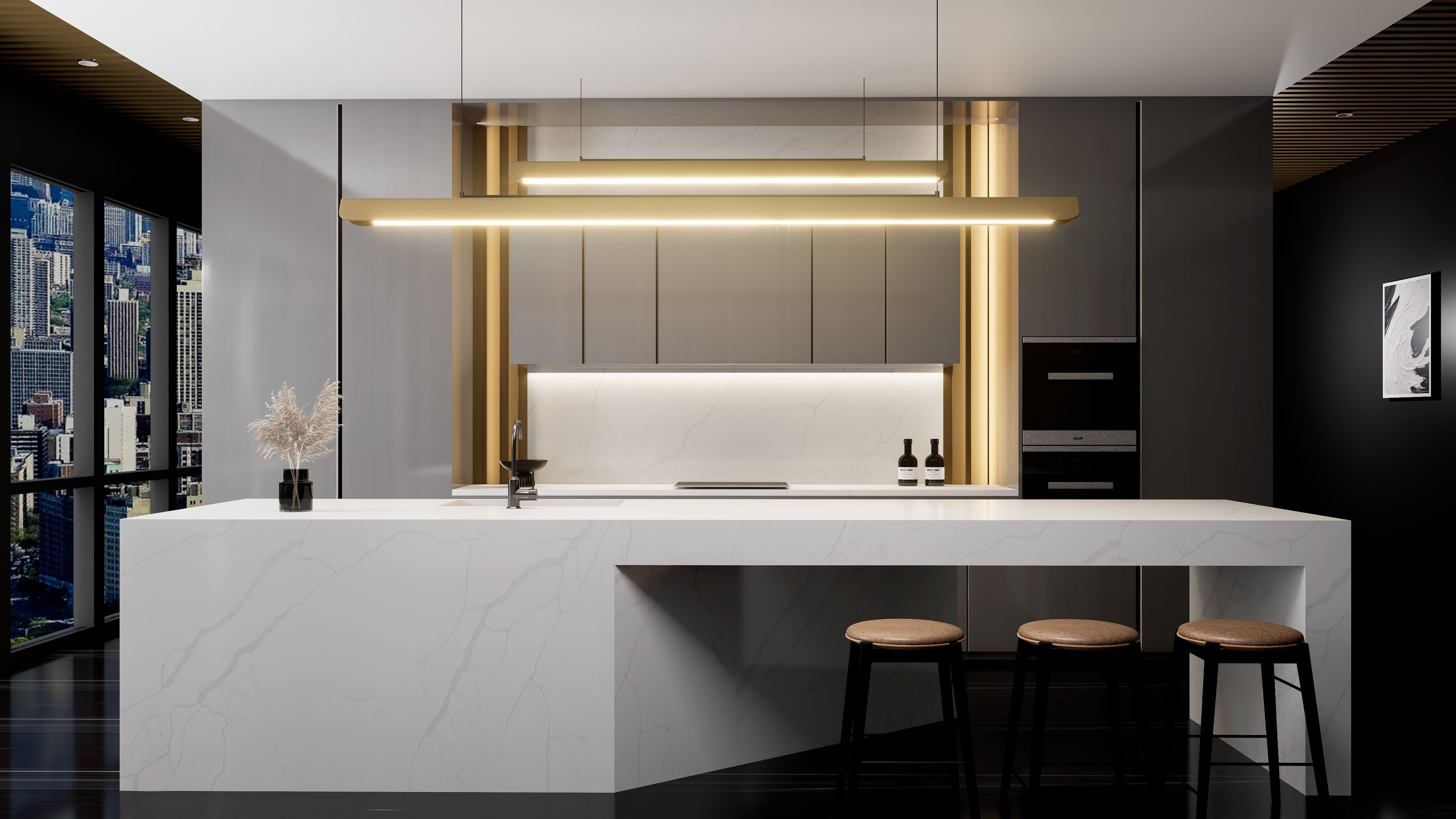 Revestimiento decorativo de piedra artificial aplicado en un interior moderno de salón por RUNPIN