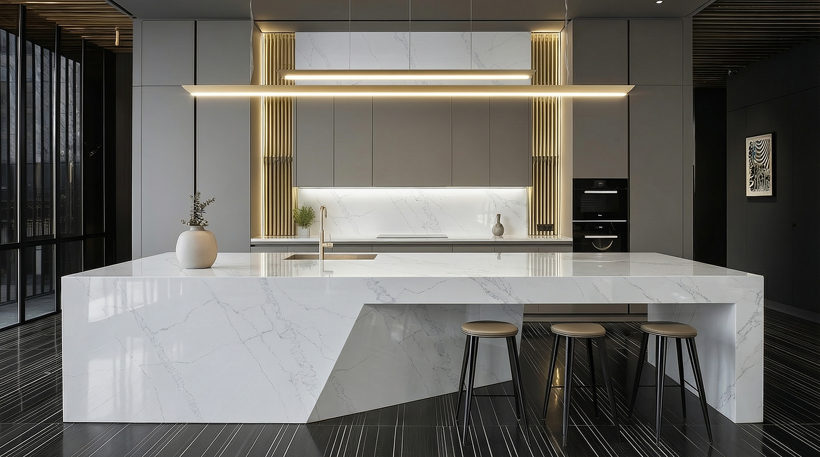 Elegant artificial stone wall cladding applied in a modern living room interior by RUNPIN