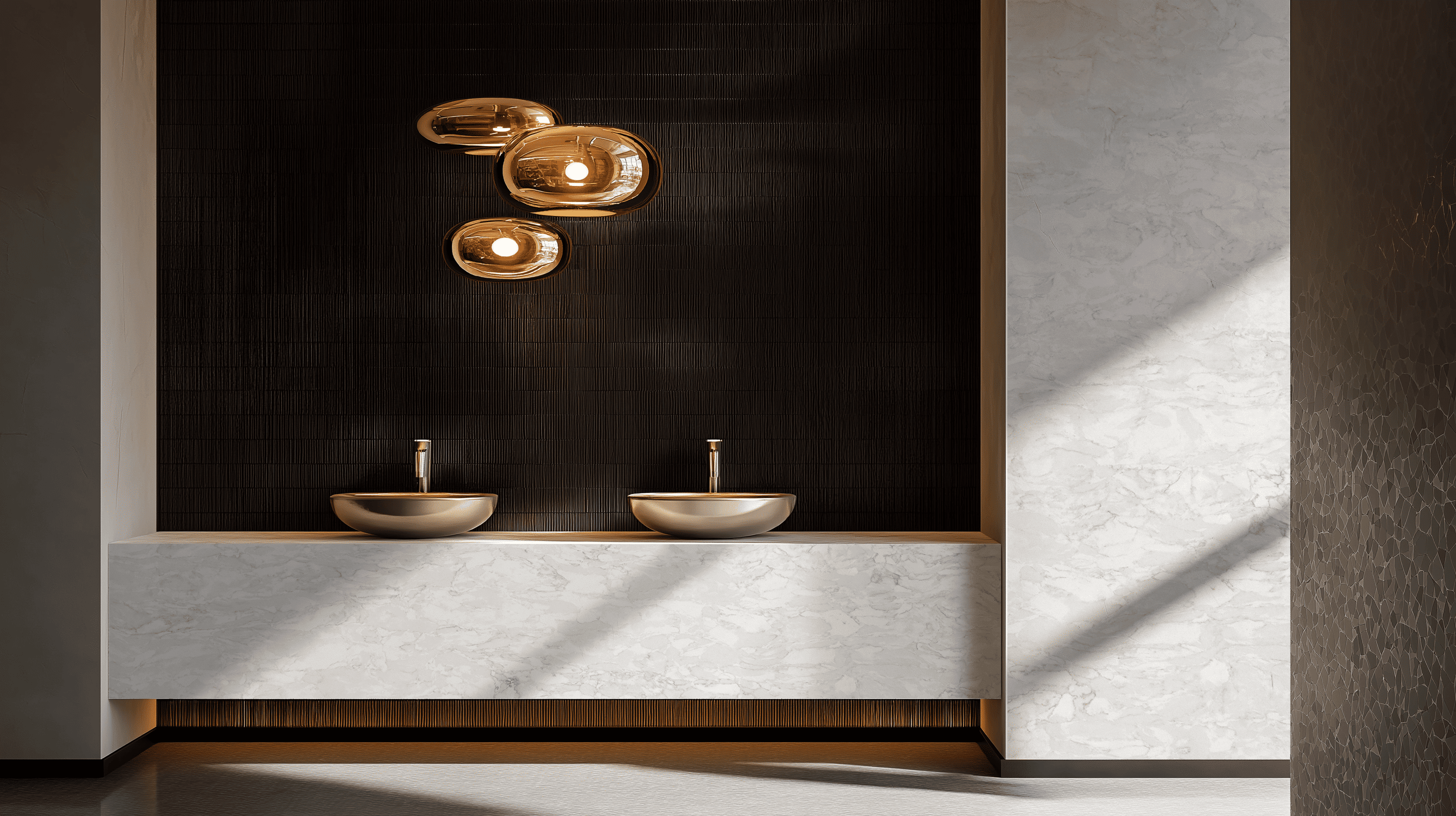 Premium engineered stone bathroom vanity and dark wall cladding in a modern interior by RUNPIN